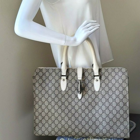 Gucci Jackie GG Supreme Canvas Ivory Leather Large Tote Computer Hand Bag Auth - Picture 9 of 12